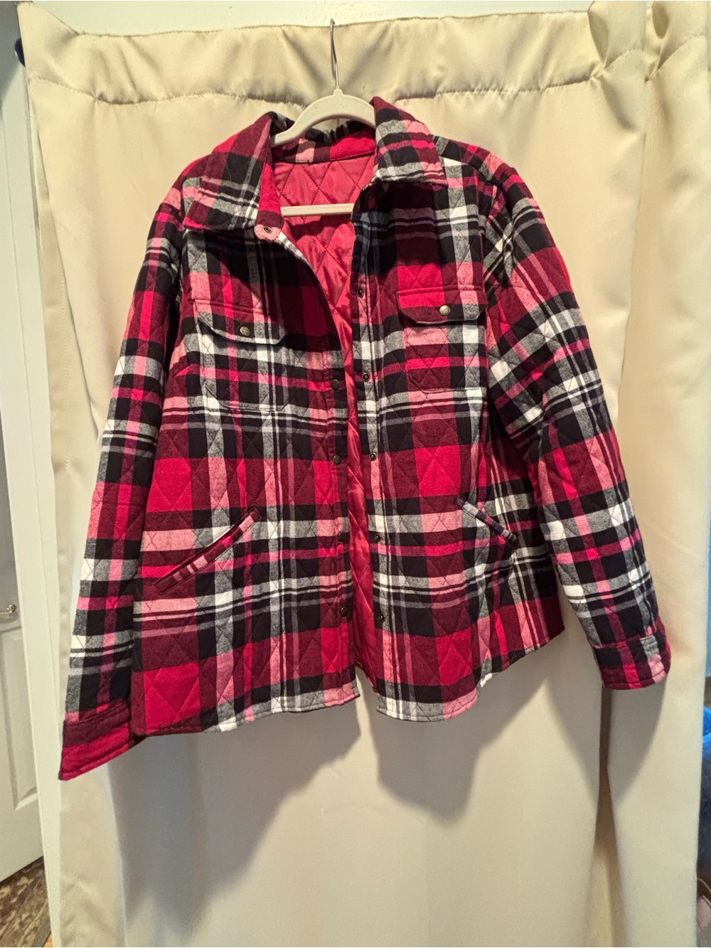 Women’s pink, black & Red Plaid flannel Quilted Jacket - Cozy Outdoor Coat